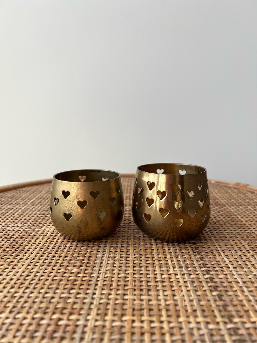 Vintage Brass Tea Light Candle Holders Pair Set of 2 Heart Cutouts